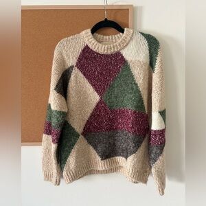 Sezane Small Sweater Geometric Pattern Red Green Beige